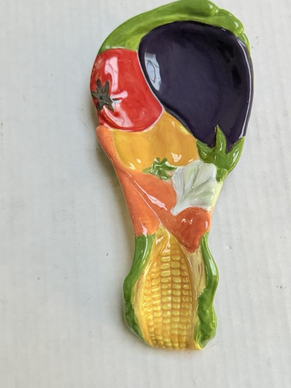 Vintage Handpainted Veggie Ceramic Tomato Corn Spoon Rest Decor Kitsch Signed